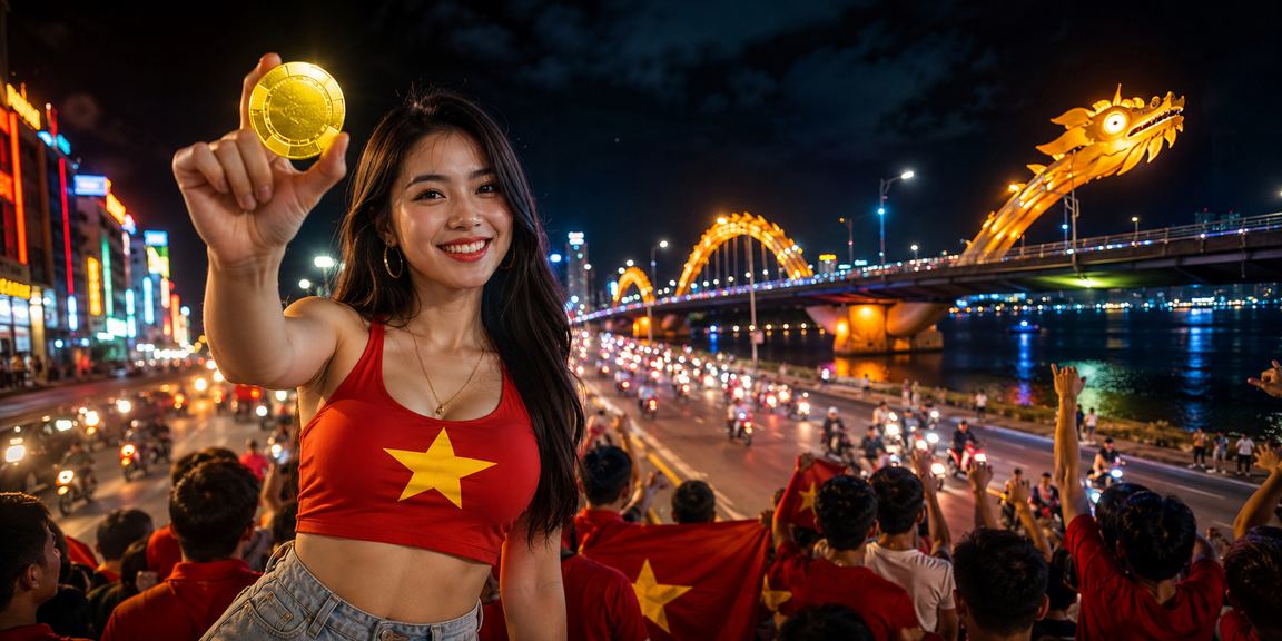 Quang cảnh phố đêm Đà Nẵng với ánh đèn neon, nơi người chơi kiểm tra voucher trực tuyến