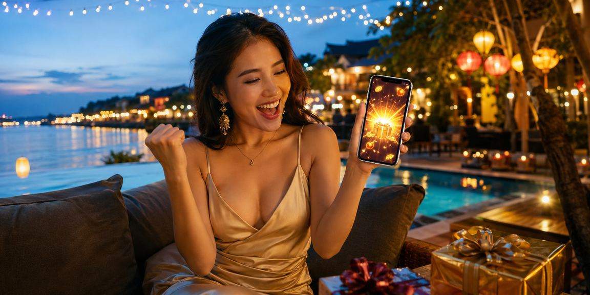 Người dùng Hội An đọc điều khoản sử dụng ứng dụng casino trên điện thoại tại quán cà phê